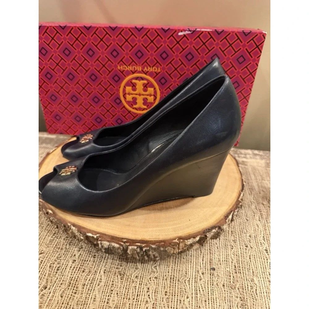 Tory Burch Jolie Peep Toe Wedge Pump Navy Blue Nappa Leather MRSP Sz-8 $290
